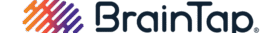Logo with the text BrainTap in dark blue. To the left, there is an abstract design featuring overlapping lines in a gradient of pink, purple, and orange, resembling a stylized brain. BrainTap brand logo