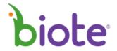 Logo featuring the word biote in lowercase letters, with bio in green and te in purple. An orange dot sits above the i, and a green leaf extends from the letter b. biote brand logo