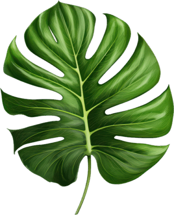 A vibrant green monstera leaf with multiple cutouts along its edges, displaying a shiny surface and natural texture. The leaf is isolated against a plain background.